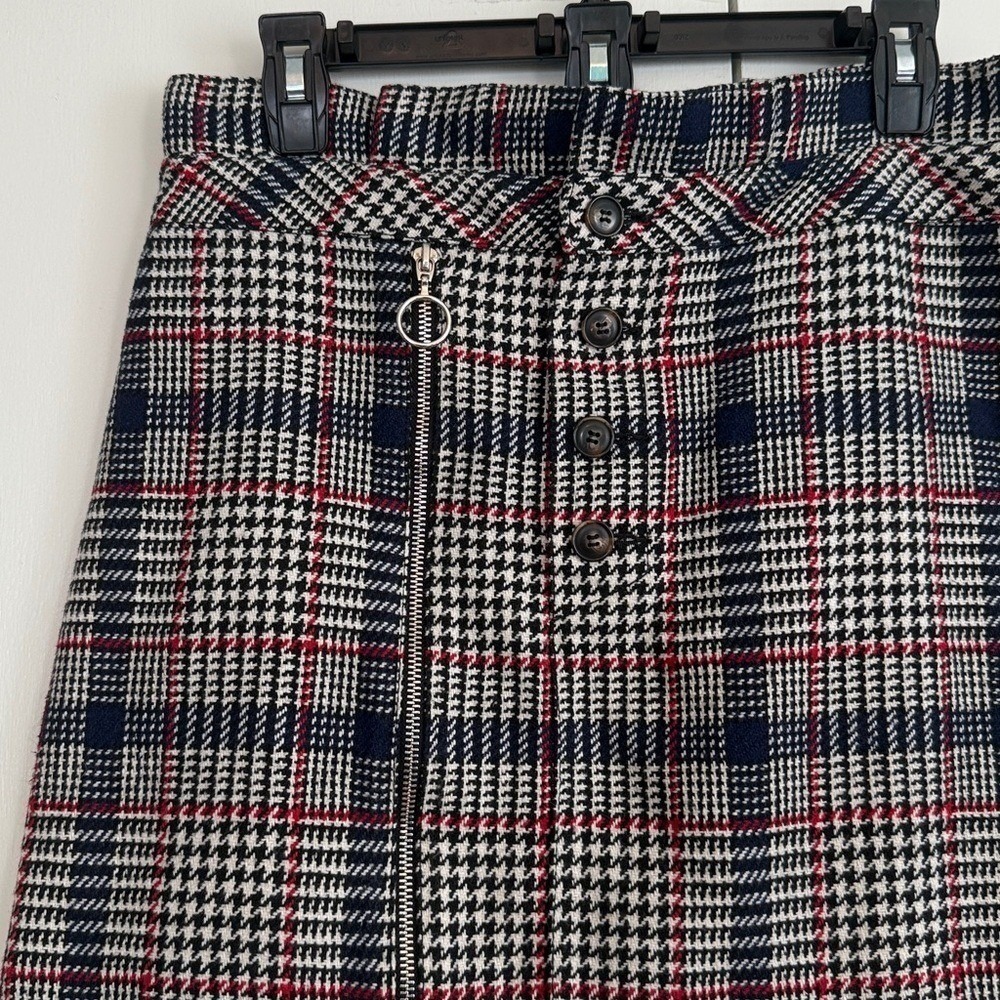 Topshop Womens Plaid Houndstooth Mini Skirt Navy Red Button Front Size US 10 - Picture 3 of 8